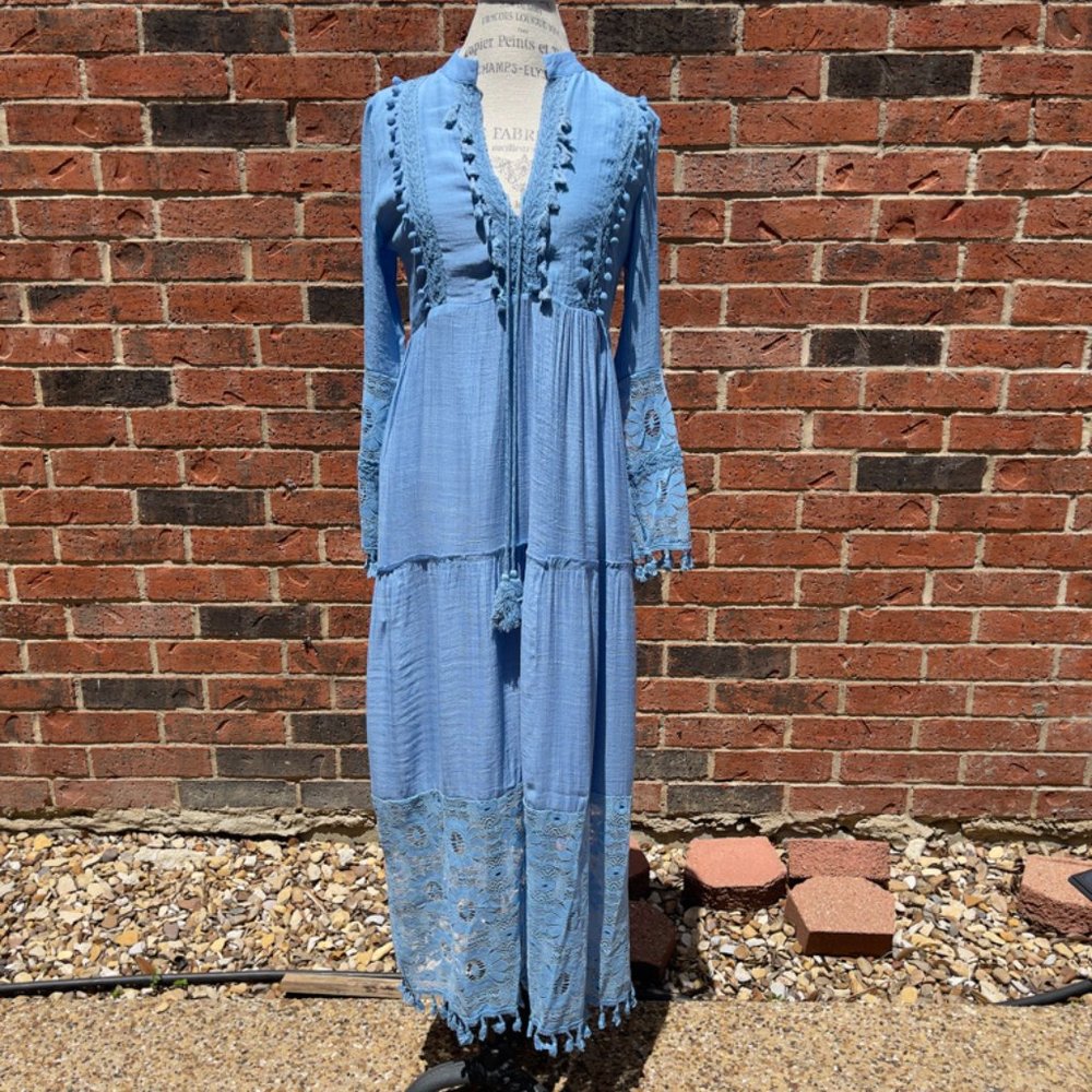 Bohemian Deep V Lace Fringe Dress - M